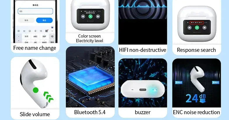 A10 Pro ANC Wireless Bluetooth 5.3 Earphones App Noise-Canceling Call Headphones Waterproof Sports Gaming Touch Screen Headset